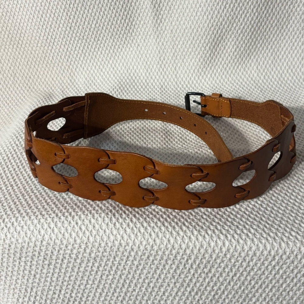 LINEA PELLE Belt Tan Leather Braided Scalloped - Casual Bohemian Festival Style
